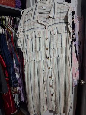 Time and Tru Cream Striped Button-Front Midi Dress with Pastel Accents